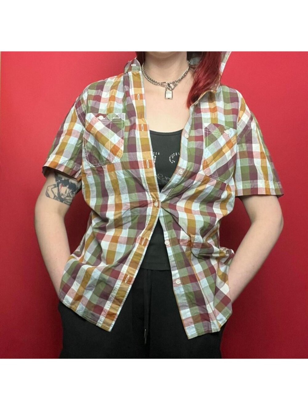 RW &amp; CO / orange and white tartan plaid  patterned button up 🧡🤍​